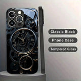 Black Gold Mechanical Clock Pattern Tempered Glass Case For iPhone