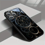 Black Gold Mechanical Clock Pattern Tempered Glass Case For iPhone