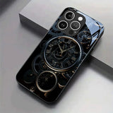 Black Gold Mechanical Clock Pattern Tempered Glass Case For iPhone