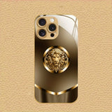 Simple Golden Lion Pattern Gold Metallic Paint Glass Case For iPhone