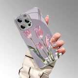 Pink Glass Tulip Pattern Glass Electroplated Case For iPhone