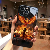 Phoenix Flame Pattern Tempered Glass Black Case For iPhone