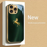 Green Plaid Golden Horse Glass Phone Case For iPhone