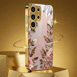 Electroplated glass phone case with gold-foil rose pattern For Samsung