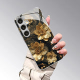 Artistic Gold Foil Flower Tempered Glass Phone Case For Samsung