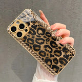 Stylish Retro Leopard Print Gold Metal Paint  Tempered Glass Case For iPhone