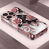 Pink Rose Pattern Metallic Tempered Glass Case For iPhone