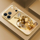 Rhinestone-embellished gold apple pattern glass phone case For iPhone