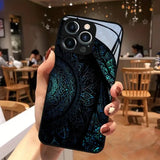 Brilliant Mandala Pattern Tempered Glass Black Phone Case For iPhone