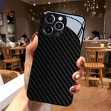 Black Carbon Fiber Texture Tempered Glass Black Case For iPhone