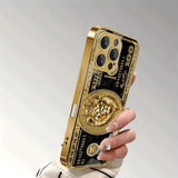 Wealth Lion Pattern Gold Metallic Paint Glass Phone Case For iPhone