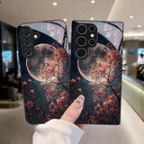 Pink Cherry Blossoms Moon Pattern Tempered Glass Case For Samsung