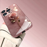 Cute Pink Rose Pattern Metallic Tempered Glass Case For iPhone