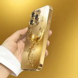 Diamond Golden Phoenix Pattern Gold Metallic Paint Glass Phone Case For iPhone