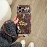 Korean Ins Full Screen Retro Vibrant Flower Leather Wrist Strap Case for iPhone