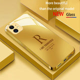 Electroplated glass phone case letter "R" design golden frame case For iPhone