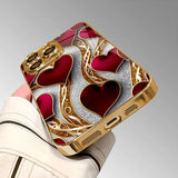 Elegant Red Gold Heart Pattern Gold Tempered Glass  Case For iPhone