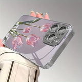 Pink Glass Tulip Pattern Glass Electroplated Case For iPhone