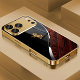 Golden Horse Pattern Gold Metallic Paint Glass Case For iPhone