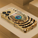 Golden Peacock Feather Pattern Gold Tempered Glass Case For iPhone