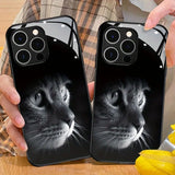 Cute Cat Pattern Tempered Glass Black Phone Case For iPhone