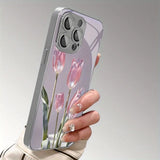 Pink Glass Tulip Pattern Glass Electroplated Case For iPhone