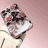 Pink Rose Pattern Metallic Tempered Glass Case For iPhone