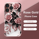 Pink Rose Pattern Metallic Tempered Glass Case For iPhone
