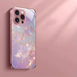 Pink Maple Leaf Pattern Pink Metallic Tempered Glass Case For iPhone