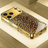 Gold Brown Leopard Print Gold Tempered Glass Case For iPhone