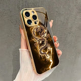 Golden Lightning Dragon Pattern Metallic Paint Glass Phone Case For iPhone