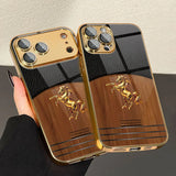Golden Steed Wood Grain Gold Paint Glass Case For iPhone