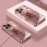 Cute Pink Rose Pattern Metallic Tempered Glass Case For iPhone
