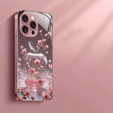 Cherry Blossom For Apple Pattern Pink Metal Paint Tempered Glass Case For iPhone
