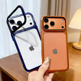 Plating Fold Glass Camera Lens Holder Clear Thin Hard Case for iPhone