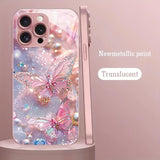 Luxury Butterfly Pearl Pattern Pink Metallic Paint Glass Phone Case For iPhone