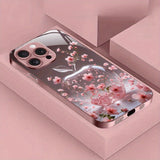 Cherry Blossom For Apple Pattern Pink Metal Paint Tempered Glass Case For iPhone