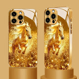 Running Horse Pattern Gold Metallic Paint Glass Case For iPhone
