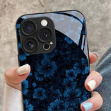Deep Blue Floral Pattern Tempered Glass Case For iPhone