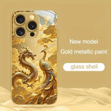 Golden Dragon Phoenix Print Gold Metallic Paint Glass Phone Case For iPhone