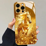 Running Horse Pattern Gold Metallic Paint Glass Case For iPhone
