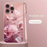 Luxury Pink Rose Pattern Pink Metallic Paint Tempered Glass Case For iPhone