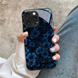 Deep Blue Floral Pattern Tempered Glass Case For iPhone