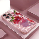 Delicious Strawberry Pattern Pink Metallic Paint Glass Phone Case For iPhone