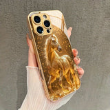 Fashion Golden Horse Pattern Gold Metallic Paint Glass Phone Case For iPhone