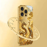 Golden Dragon Phoenix Print Gold Metallic Paint Glass Phone Case For iPhone