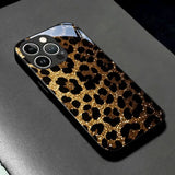 Golden Flash Leopard Pattern Tempered Glass Phone Case For iPhone