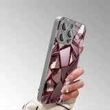Rose Golden Shimmering Geometric Pattern Electroplated Tempered Glass Case For iPhone