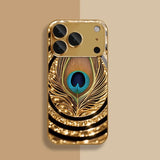 Golden Peacock Feather Pattern Gold Tempered Glass Case For iPhone