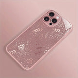 Creative Pink Flower Plants Pattern Metallic Paint Glass Phone Case For iPhone